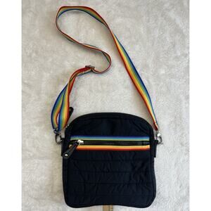 Sondra Roberts Squared Nylon Quilted Black Crossbody Purse Rainbow Strap